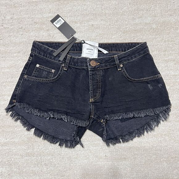 NWT One Teaspoon Dukes Denim/Jean Shorts Black Frayed Edge Low Rise Size 28 - Picture 1 of 9